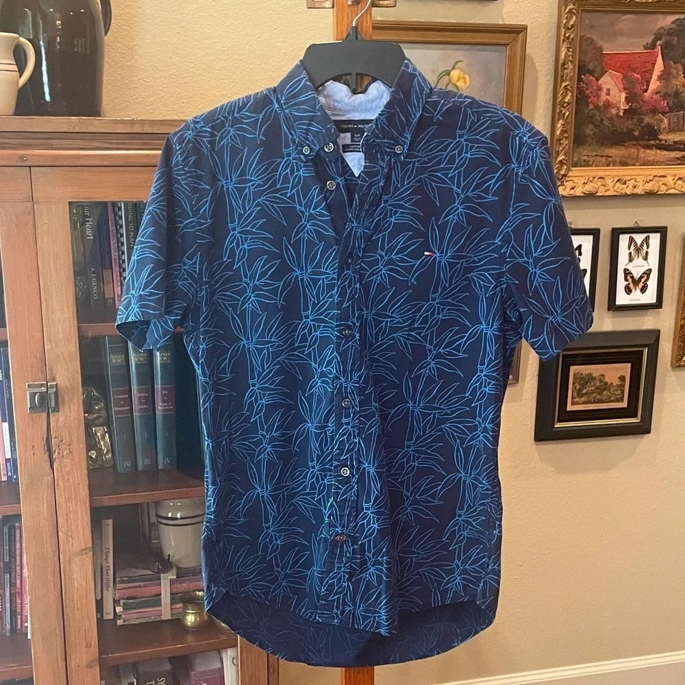 Tommy Hilfiger men’s shirt sleeve button down summer shirt SZ S blue bamboo - Picture 2 of 9
